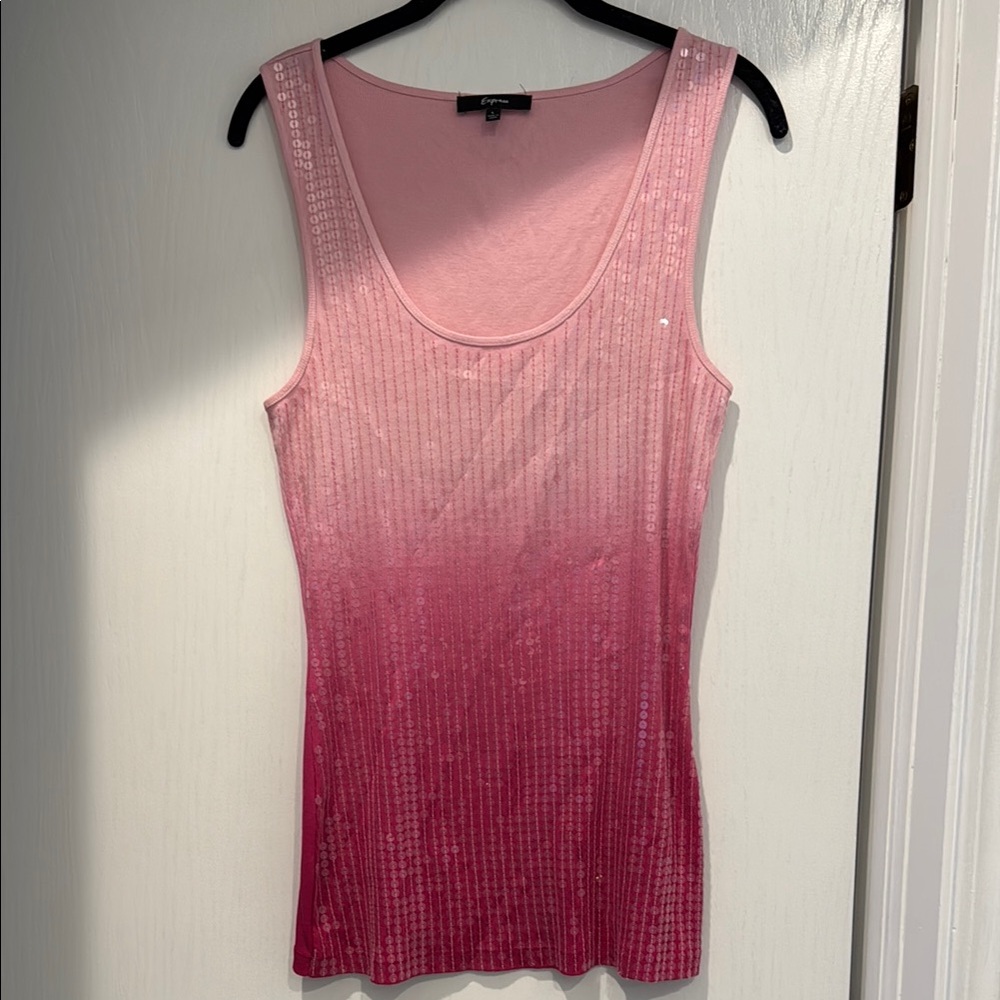 Woman’s Express Pink and Red Ribbed Fitted Tank Top with sequins on front